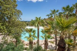 a view of a beach with palm trees at Apartment – Restanques – Swimming in Grimaud