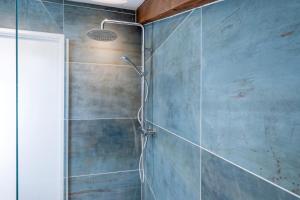 a shower in a bathroom with a blue wall at Gite de Laluby in Arx +45 photos