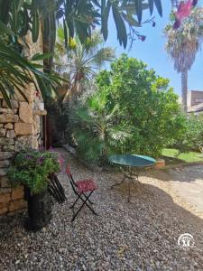 a patio with a table and chairs and plants at Chambres d'hotes lecortile in Villeneuve-lès-Maguelonne