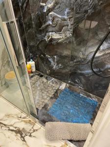 a shower with a glass door and a blue rug at Sikalafo in Płock
