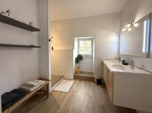 a bathroom with a sink and a mirror at Maison luzouÉ in Cardesse