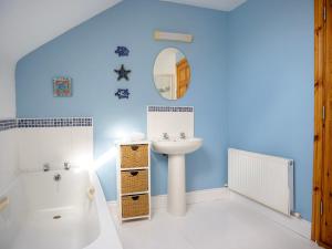 a bathroom with blue walls and a sink and a tub at Just Beyond Dingle in Dingle +33 photos
