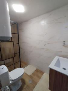 a bathroom with a white toilet and a sink at Къща Шепотът на бора in Varna City