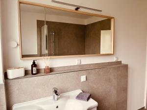 a bathroom with a sink and a mirror at Gästehaus Gerschler in Garbsen +24 photos