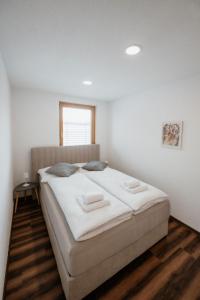 a bedroom with a large bed with white walls at Riedwohnung 2 in Lustenau +5 photos