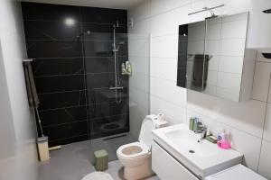 a bathroom with a toilet and a sink and a shower at Nest apartament in Peje