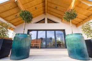 two large green vases with plants in front of a house at La Balzac in Dijon