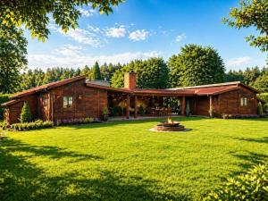 a log home with a fire pit in the yard at Argentum Luxury Bungalov in Gąbin