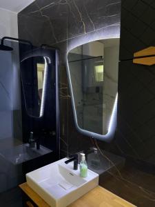 a bathroom with a sink and a mirror at Apartmani Coka in Sušćepan +8 photos
