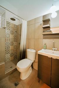 a bathroom with a toilet and a shower and a sink at Hydra's Ruby in Hydra +17 photos