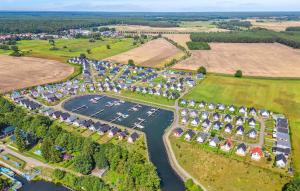 an aerial view of a marina with boats at Haus Hallon in Wandlitz