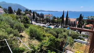 a view of a street with trees and the ocean at Apartments Kust in Mlini