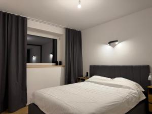 a bedroom with a bed and a large mirror at MAAN Apartments in Augustów