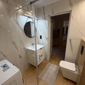 a bathroom with a sink and a toilet and a mirror at MAAN Apartments in Augustów