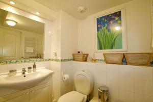a bathroom with a white toilet and a sink at Le Studio des Deux Frontières in Beausoleil