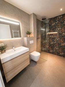 a bathroom with a sink and a toilet and a shower at Lux Apartments in Lichtenfels