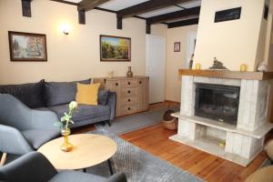 a living room with a couch and a fireplace at Domek Mazury u Basi in Jerutki