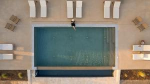 a person standing on the edge of a swimming pool at Alkyon SeaSide Studios in Neo Itilo