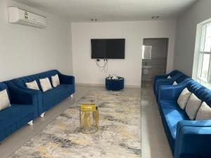a living room with two blue couches and a tv at استراحة العمران in Murayjāt