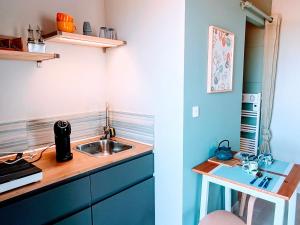 a small kitchen with a sink and a counter at Chambre indépendante, sdb privée in Saulcet