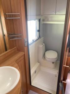 a small bathroom with a toilet and a sink at Mietwohnwagen E2 am Flussufer in Wienhausen