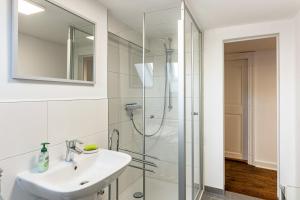 a bathroom with a sink and a shower at Ferienwohnung im ehem Rittergut in Wurzbach +21 photos