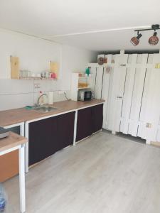 a kitchen with white doors and a counter with a sink at Pehely Vendégház in Lesencetomaj +10 photos