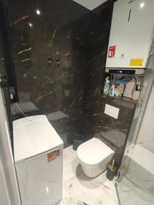 a bathroom with a toilet and a black wall at Apartament Skorochów Jezioro in Skorochow