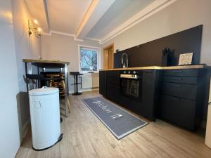 a kitchen with black cabinets and a trash can at Drei Linden Rosenwall in Wolfenbüttel