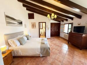 a large bedroom with a bed and a television at Sa Màniga in Fornalutx