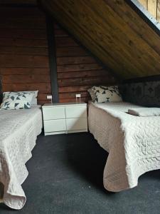two beds in a room with wooden walls at Nõva Külalistemaja in Nõva