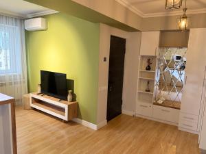 a living room with a flat screen tv on a green wall at A & A GLOBAL PROPERTY RENTALs in Yerevan