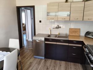 a kitchen with a sink and a dishwasher at Apartament Przy Puszczy Białowieskiej in Hajnówka