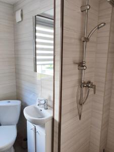 a bathroom with a toilet and a sink and a shower at Apartament Przy Puszczy Białowieskiej in Hajnówka +8 photos