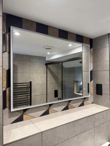 a bathroom with a large mirror on the wall at Stay in Style, Two Bed! in Appleford +14 photos