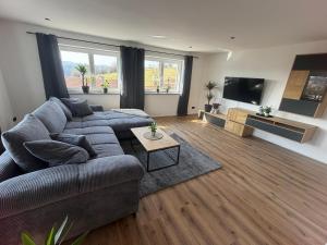 a living room with a couch and a tv at Ferienwohnungen Rauch in Regen