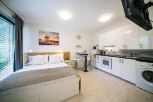 a large bedroom with a bed and a kitchen at Apartia Urban Station in Brno