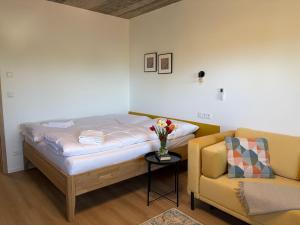 a bedroom with a bed and a couch and a table at Apartmány u Zvonice in Kyjov