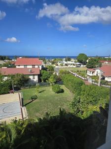 an aerial view of a yard with a house at Mullins Townhouse in Saint Peter