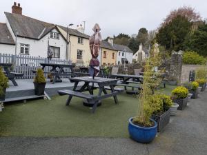 a group of picnic tables and potted plants on the grass at The Swan Hotel in Kington