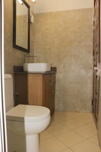 a bathroom with a toilet and a sink and a mirror at Residence Six Sigma in Entebbe +7 photos