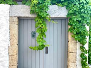 a white garage door with ivy growing around it at Vasiliki guesthouse in Aroniadika +6 photos