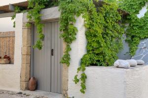 a door with ivy on the side of a building at Vasiliki guesthouse in Aroniadika