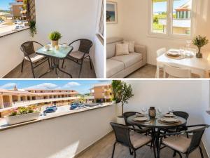 a living room and a dining room with a table at La casa di Mare in Torvaianica