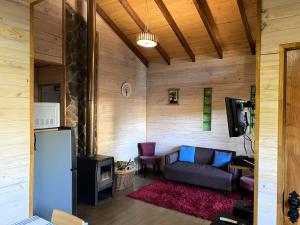 a living room with a couch and a tv at Cabañas en Malalcahuello con agradable Barbacoa y 2 Estacionamientos Techados in Malalcahuello