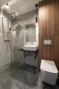 a bathroom with a sink and a toilet and a shower at Willa Juranda in Jurata +12 photos