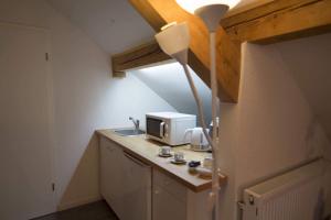 eine kleine Küche mit Spüle und Lampe in der Unterkunft Morges House in Morges + 10 Fotos