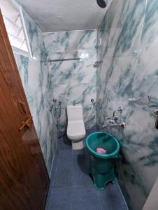 a bathroom with a toilet and a green bucket at Belandoor Nature Nest in Sringeri