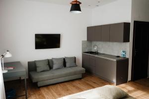 ein Wohnzimmer mit Sofa und eine Küche in der Unterkunft Bagatelka Cenrum Rekreacyjno-Hotelowe in Miłosław