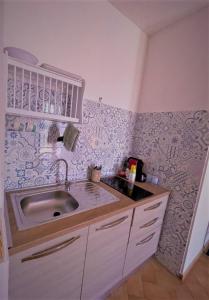 a kitchen with a sink and a purple wall at Agriturismo dal Pastore in Follonica